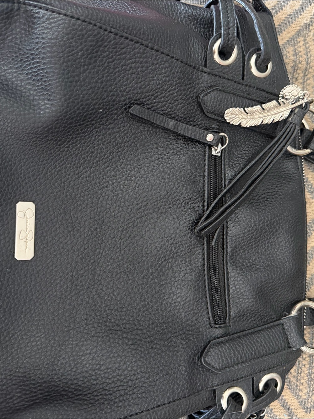 Jessica Simpson Black Pebbled Shoulder Tote with Feather Charm